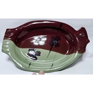 Kent Follette Pottery Chicken Serving Dish Tray Signed Cranberry/Green EUC